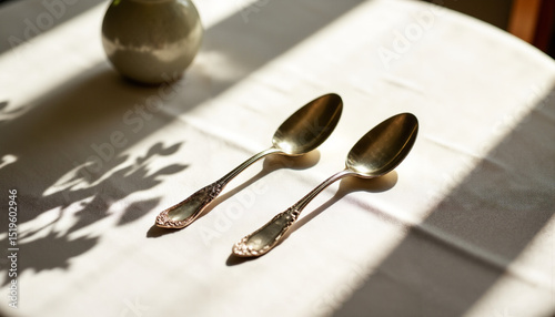Vintage silver spoons on tablecloth in sunlight