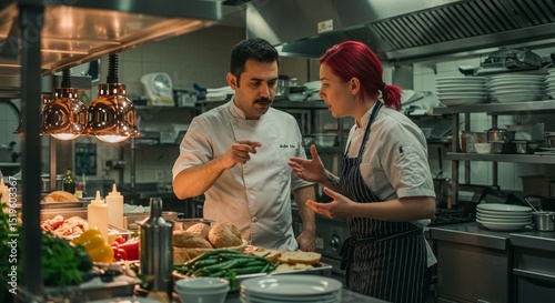 Two chefs in a restaurant kitchen, deciding on the final dish for the menu, with ingredients and plates around them