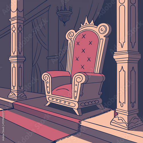 Royal throne illustration in a grand hallway with decorative pillars and drapery