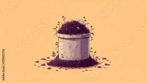 Illustration of vermicomposter overflowing with red wiggler worms on pastel background, eco-friendly organic waste recycling concept