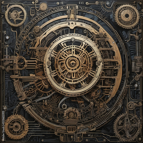 Woodcut Oil Painting of Futuristic Technology: Steampunk and Cyberpunk-Inspired Art