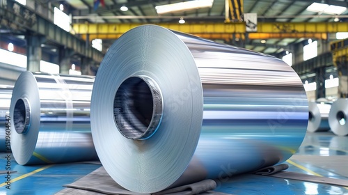 Large Rolls of Shiny Aluminum Metal Sheets in Factory Warehouse Industrial Metal Production