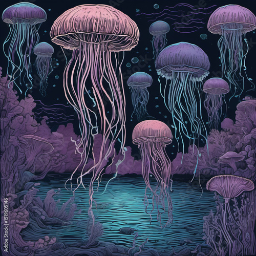 Scumbling Style Woodcut Art of a Floating Jellyfish Lagoon for SD