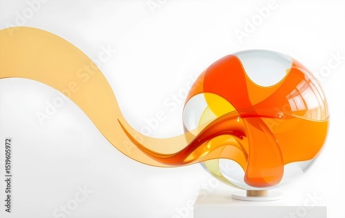 Modern Abstract Glass Sculpture with Flowing Orange and Yellow Swirl Design on Pedestal, Contemporary Art Installation in Minimalist White Gallery Space