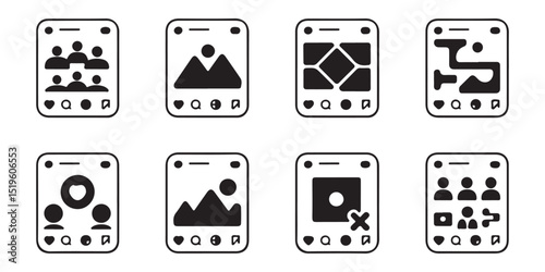 A collection of black and white social media post icons, depicting different types of content including group photos, images, maps, and a post deletion.