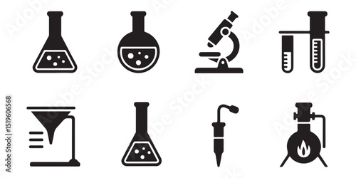 A collection of simple, black and white icons representing various science lab equipment.