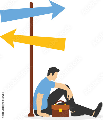 Thinking businessman meditating in front of a crossroad and selecting the best solution. Possibilities for business concept. Vector colorful flat illustration. stock illustration

