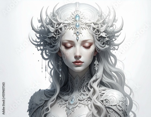 Serene White Haired Woman in Ornate Crown and Gown Digital Art Fantasy Portrait