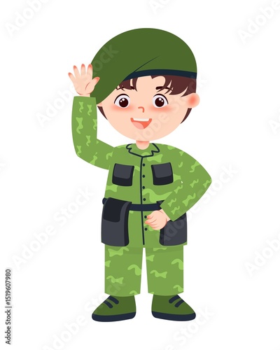 Cartoon Soldier Character Saluting in Military Uniform with Green Beret