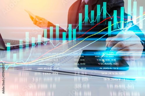 stock market analysis, businessman with tablet, financial trading chart overlay
