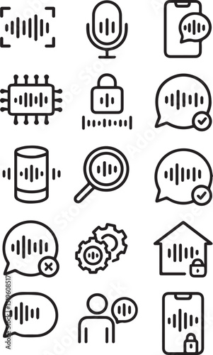 Editable stroke line icons with voice recognition technology set isolated on white background flat vector