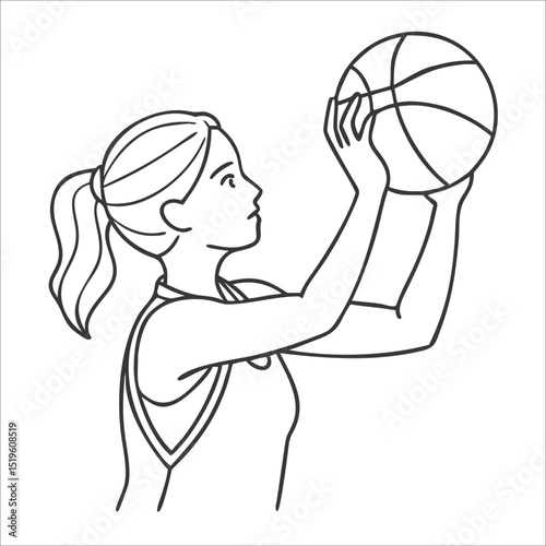 Vector icon of teenage girl jumping to shoot basketball. Represents youth training, sports skill, and physical coordination.