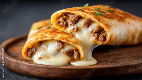 Cheesy beef melt quesadilla on wooden plate