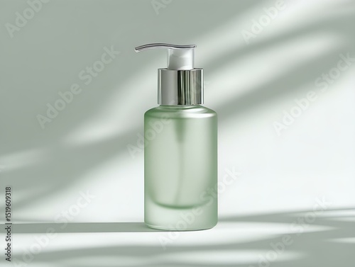 frosted glass pump bottle with matte silver dispenser. minimal skincare packaging in pale green 