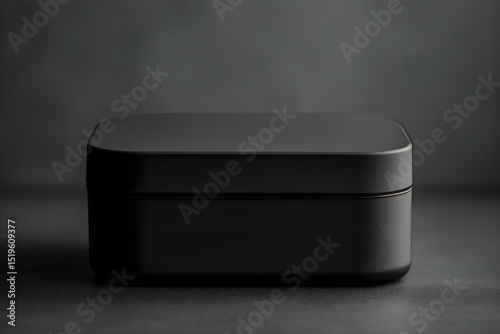 matte black minimal meal box on gray background. sleek fitness food packaging in high-clarity studio light