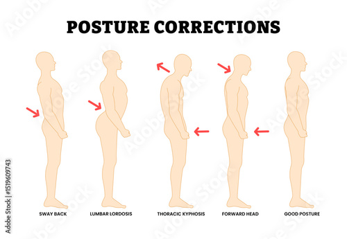 Posture Correction. Spinal Deformities, Incorrect Alignment. Educational Medical Poster Design Healthcare Scheme, Labeled Forward Head, Good Posture, Lumbar Lordosis, Sway Back, Thoracic Kyphosis.