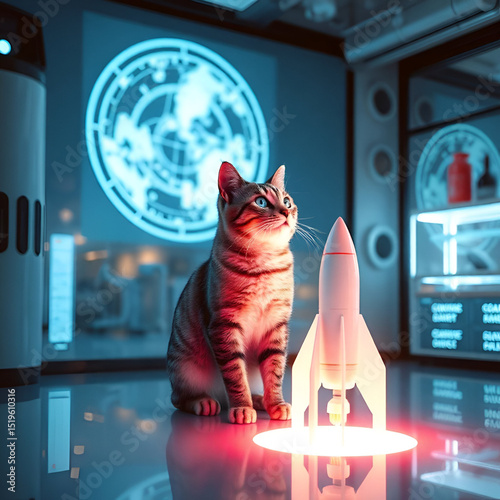 Holographic cat projecting a 3D rocket model, futuristic lab