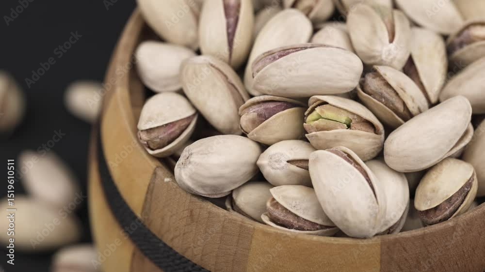 Heap of tasty pistachio nuts in the bowl on dark background.