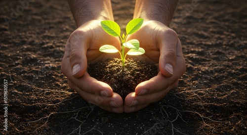 Seedling Growing in Hands with Sunlight and Roots