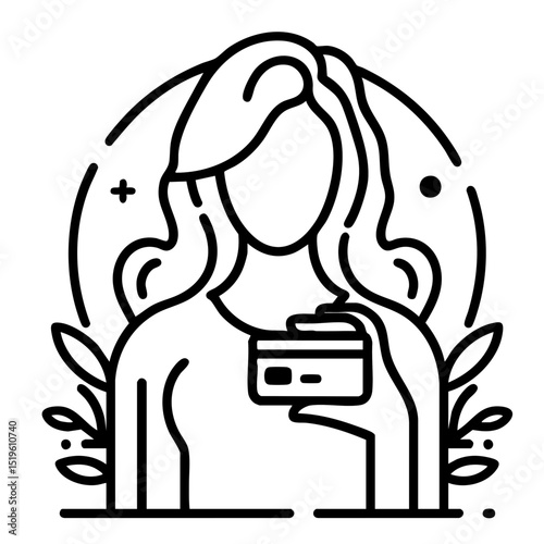 Young woman holding credit card with confident expression representing financial freedom against nature-themed decorative background with copy space
