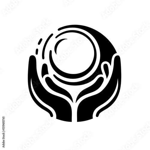 Two hands crading energy sphere in minimalist logostyle representing nurturing and protective care