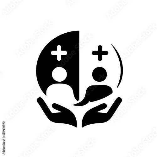 Two stylized medical figures with symbols cradled hands representing healing unity in minimalist black circular medical