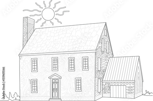 Detailed House with Garage Line Art Illustration, Black and white outline illustration of a house with a garage, featuring intricate decorative patterns. Perfect for coloring pages or design 