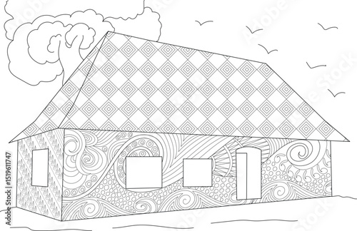 Stylized French House Line Art for Coloring, Detailed line art illustration of a house with decorative patterns on roof and walls, suitable for coloring book pages or design element. Black and white 