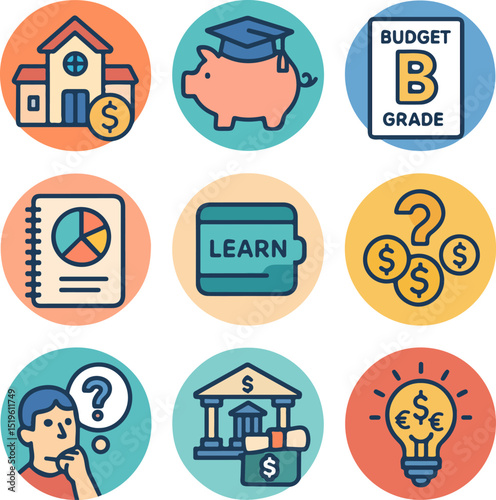 Nine circular icons in a 3x3 grid representing finance, education, and personal development