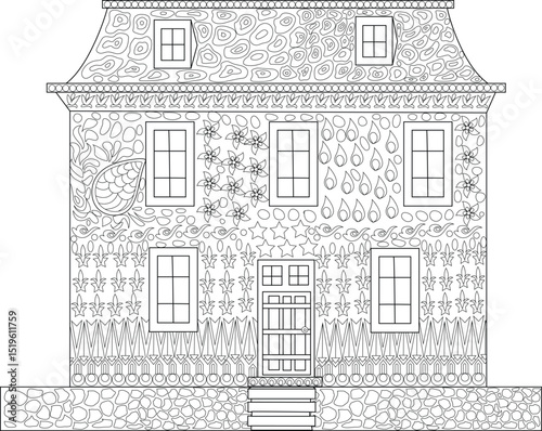 Detailed Line Art Drawing of a French Style House, Intricate black and white line illustration of a traditional French style house with detailed patterns on the facade, roof, and foundation. Perfect 