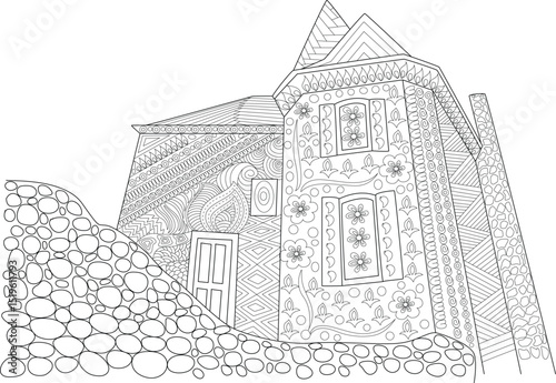 Abstract Stylized French House Illustration, Detailed black and white line art illustration of a French house adorned with intricate patterns and textures, perfect for coloring books, relaxation, or 
