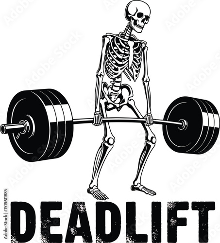 A monochrome illustration depicting a skeleton completing a deadlift exercise with weightlifting equipment