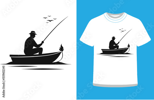 Cartoon vector illustration of a fisherman in a boat fishing in the sea, perfect for icons or designs