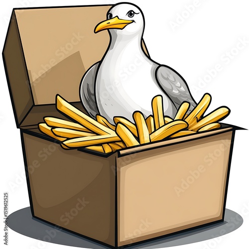 Seagull perched humorously atop a box overflowing with tempting golden french fries