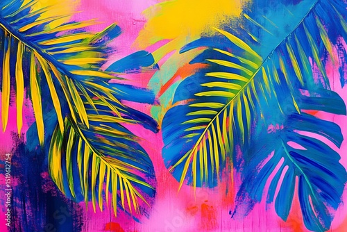 Colorful tropical palm leaf pattern on dark background with vibrant neon brush strokes for summer party and creative design themes