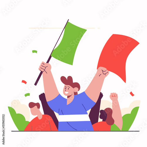 The flag raiser is happy. Celebration Cheering Minimal Vector Roundish Flat 