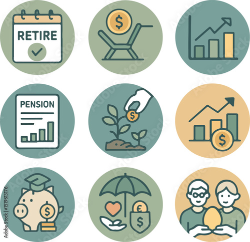3x3 grid of circular financial and retirement icons with green, yellow, and orange accents