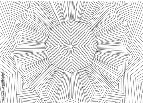Abstract Geometric Line Pattern Background, Complex abstract pattern featuring black lines forming interconnected geometric shapes radiating from a central octagon against a white background. This 