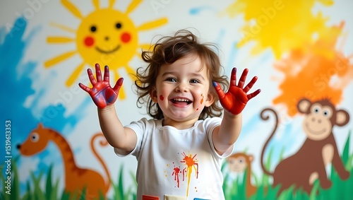 Happy toddler painting with hands art project creative child activity