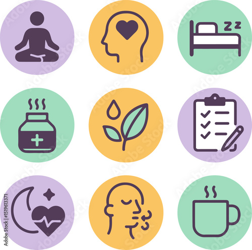 Nine circular icons in a 3x3 grid, each framed in purple, orange, or green, symbolizing health and wellness
