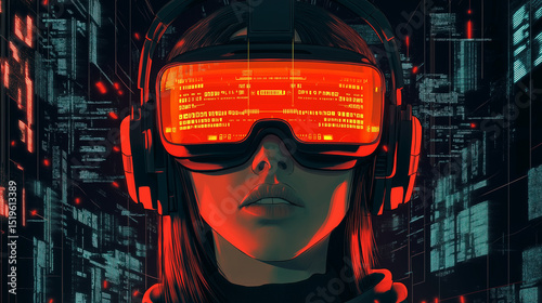 Futuristic depiction of a woman wearing vr headset with data in a cyberpunk environment.