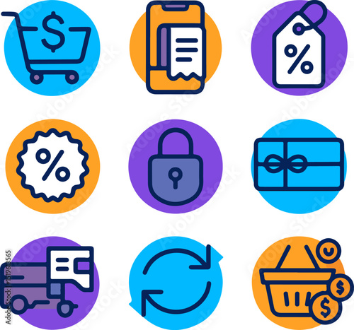 Nine colorful icons of commerce and transactions in circular frames on a grid