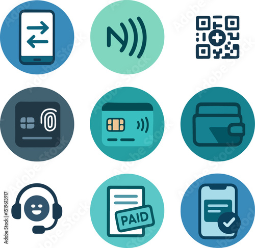 Nine circular icons representing various payment methods arranged in a 3x3 grid
