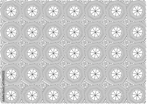 Abstract Geometric Pattern 26L Black and White Lines, An intricate seamless abstract geometric pattern featuring black lines forming interconnected octagonal shapes and star-like elements on a white 