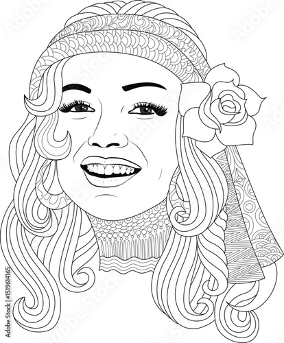 Bohemian Woman Portrait Coloring Page, Detailed black and white line art portrait of a woman featuring a bohemian-inspired hairstyle, decorative headscarf, and a rose accessory. This illustration is 