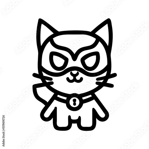 Cute cartoon cat wearing a superhero mask and collar standing proudly against a white background