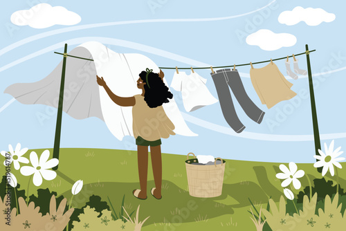 Woman hanging clothes and bed sheets outside on a sunny day.