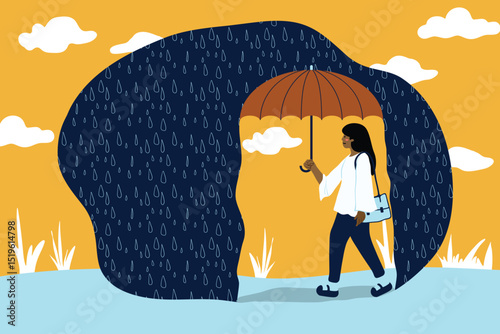 Woman walking in the rain with an umbrella and a smile.