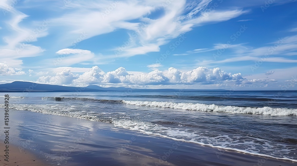 Obraz premium Serene Harmonies: The Enchanting Dance of Beach Waves Under a Canopy of Azure Skies and Cotton-Candy Clouds – A Captivating Ode to Coastal Tranquility and Nature's Artistry