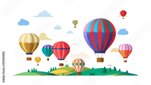 Colorful hot air balloons soaring over green hills during a bright day with clouds in the sky